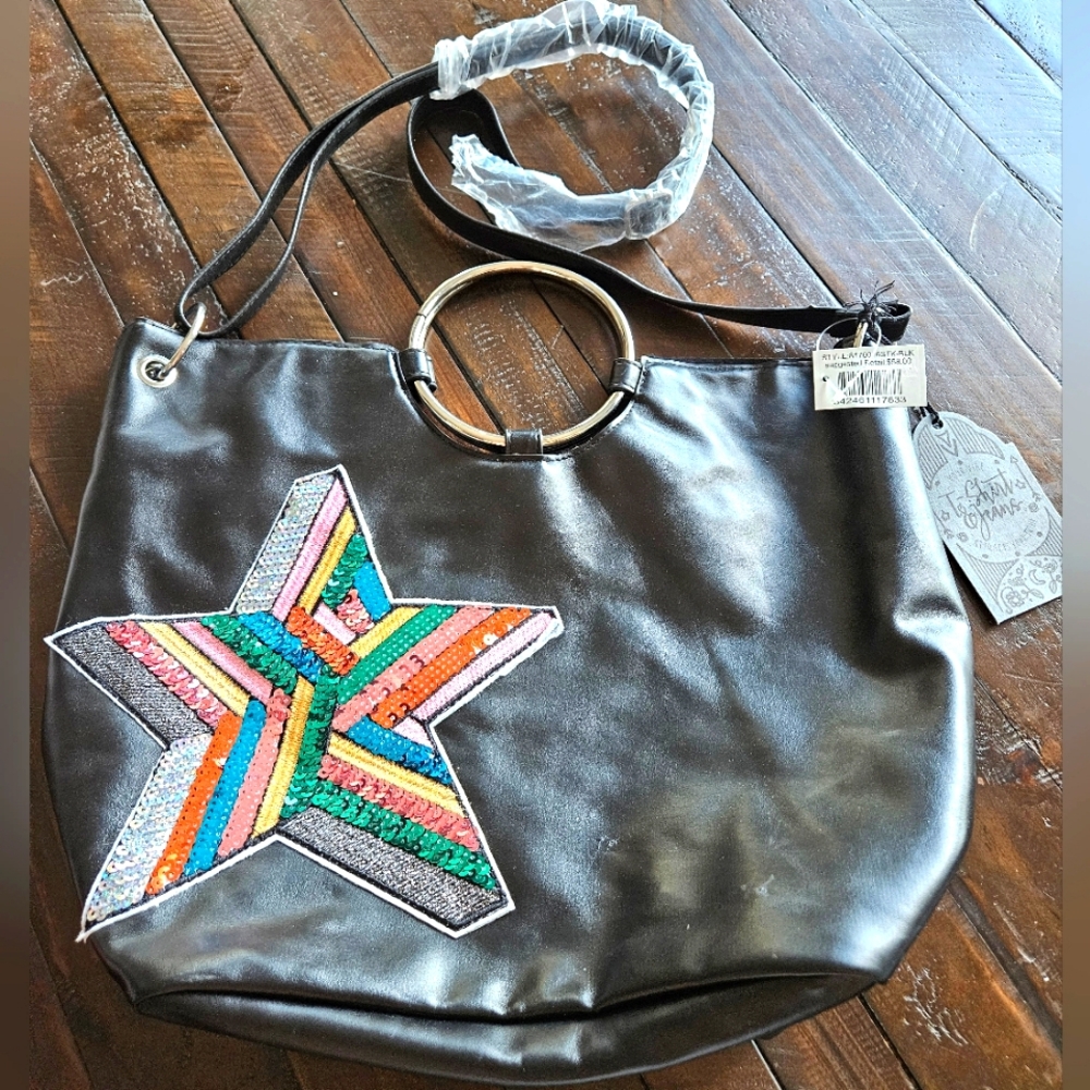 NWT T-Shirt & Jeans Ring Tote Black Hand Shoulder Bag Purse, Colored Sequin Star